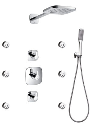 Urban thermostatic mixer valve with 4-outlet control, 2-function rainshower, handshower kit and body jets
